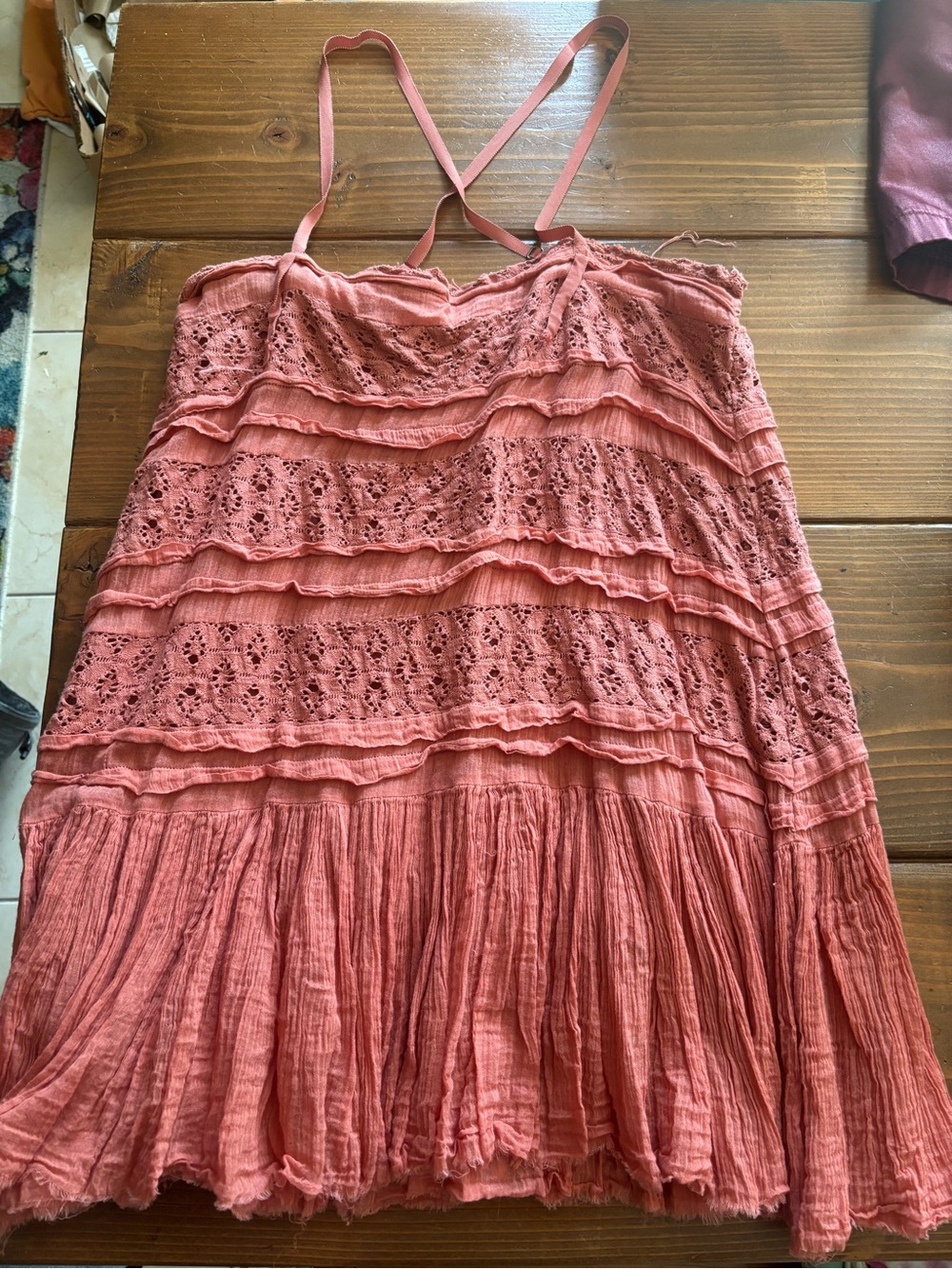 Free People Boho Tiered Crochet Spaghetti Strap Dress in Dusty Rose